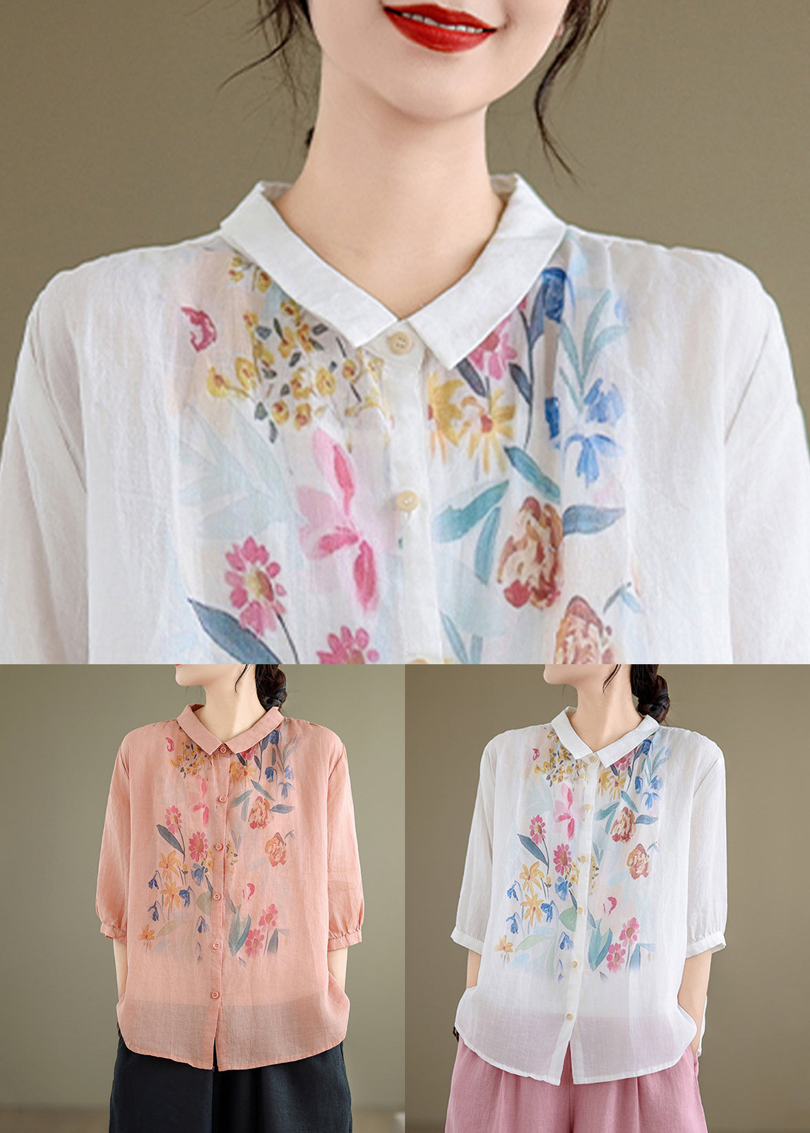 Loose Blouses Sleeve Half Button Pink Linen Print