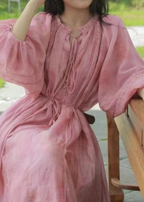 Lose Spitze Laterne Rosa Rüschen Kleid Langarm Baumwolle Up