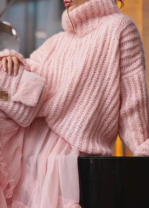 Lose Rosa Rollkragen Solide Strick Pullover Frühling TF005
