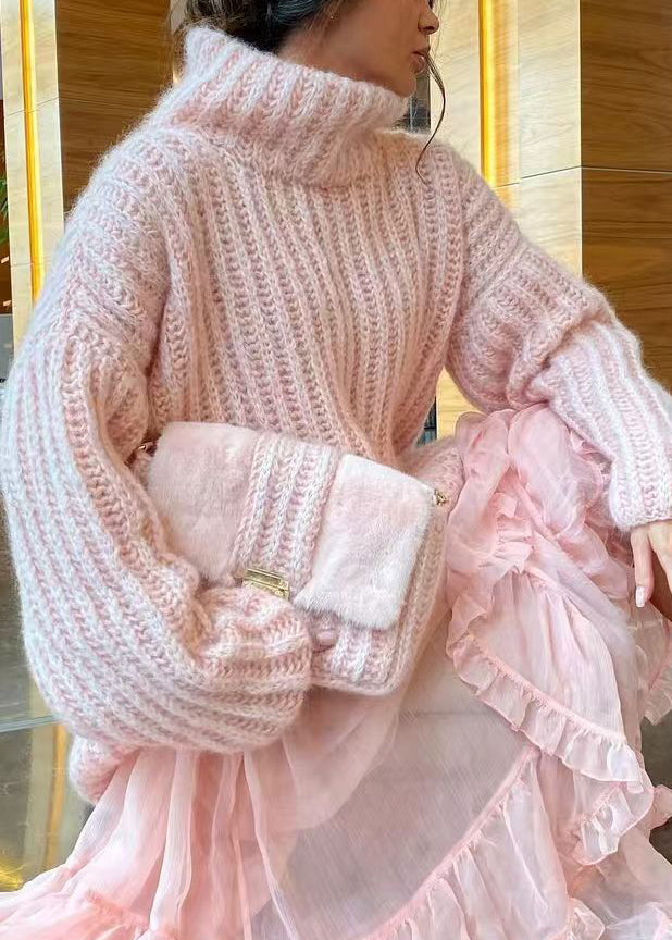 Lose Rosa Rollkragen Solide Strick Pullover Frühling TF005