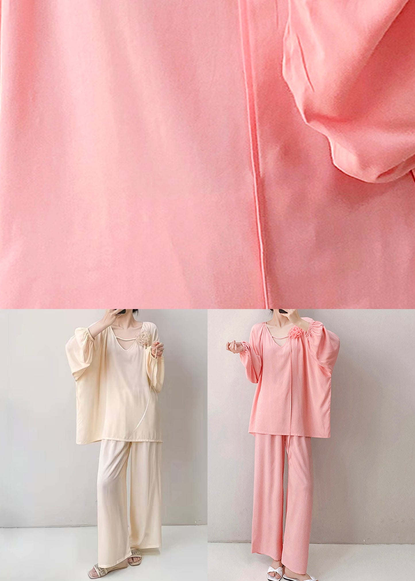 Pajamas Loose Pink Two Neck Floral V Fall Piece Set Cotton