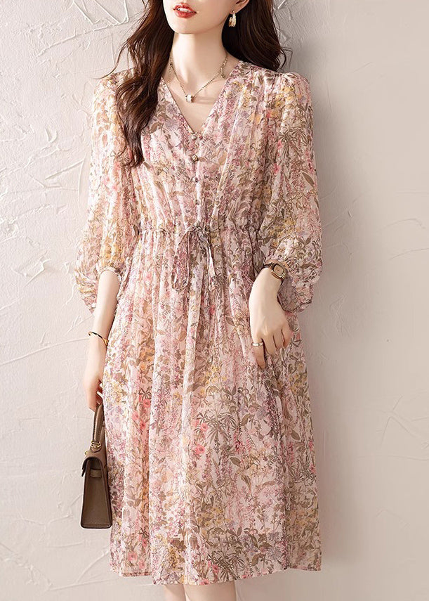 V Chiffon Kleid Lose Sommer Hals Print Kordelzug Rosa