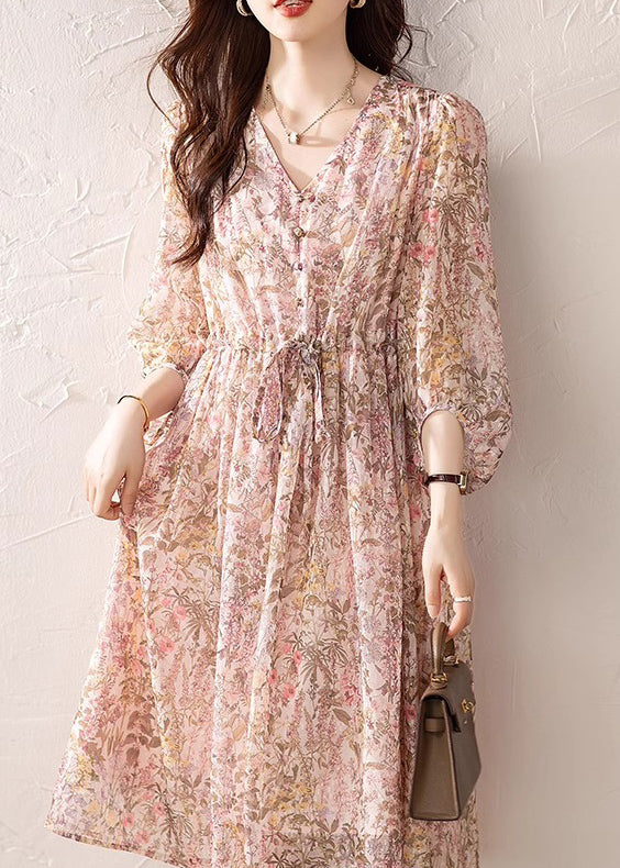 V Chiffon Kleid Lose Sommer Hals Print Kordelzug Rosa