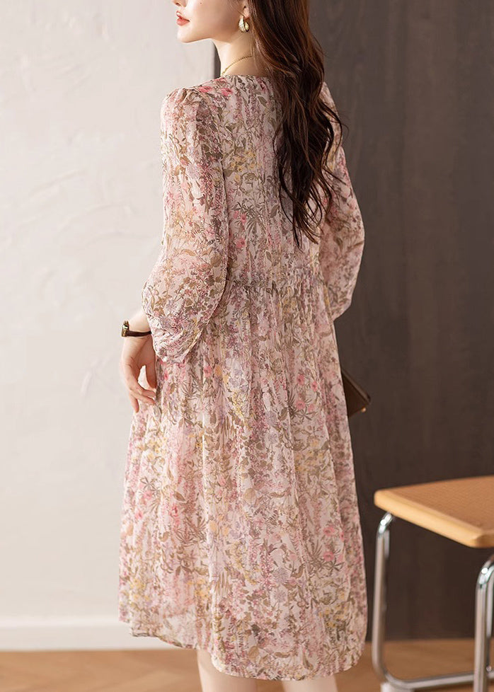 V Chiffon Kleid Lose Sommer Hals Print Kordelzug Rosa