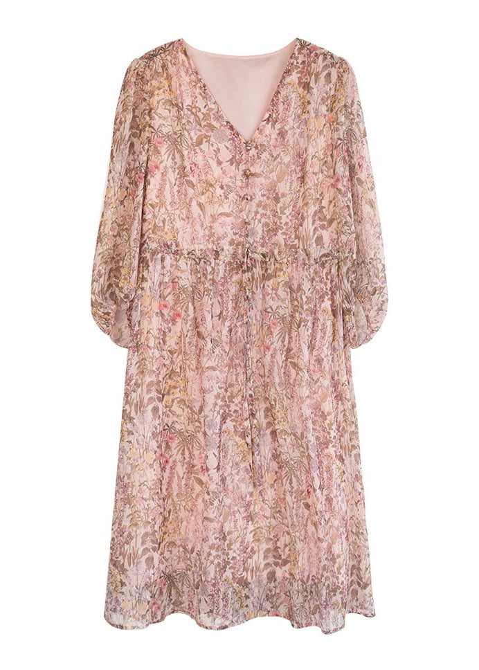 V Chiffon Kleid Lose Sommer Hals Print Kordelzug Rosa