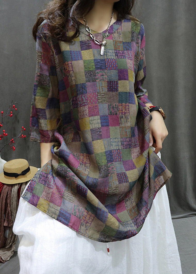 Loose Plaid V Neck Print Linen Shirt Half Sleeve GG036
