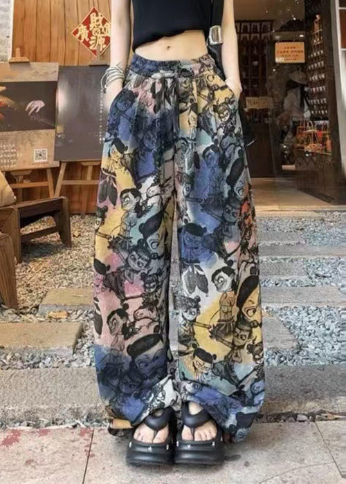 Pantalon ample imprimé été avec cordon de serrage et poches en coton