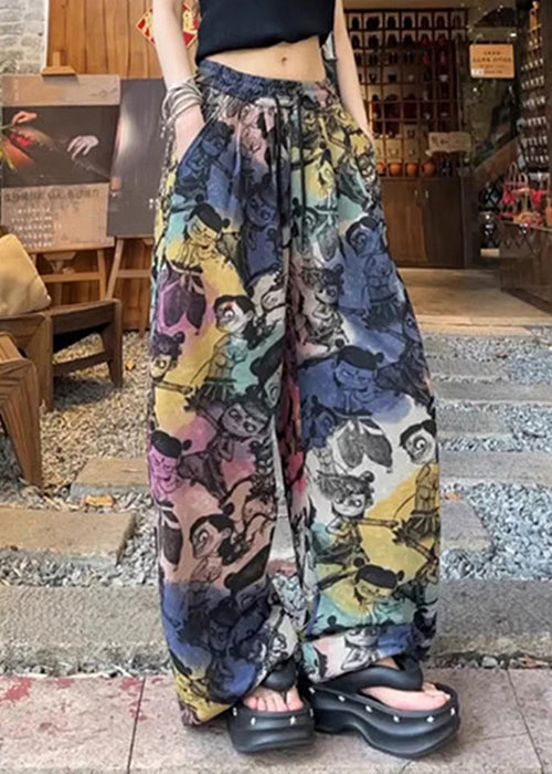 Pantalon ample imprimé été avec cordon de serrage et poches en coton
