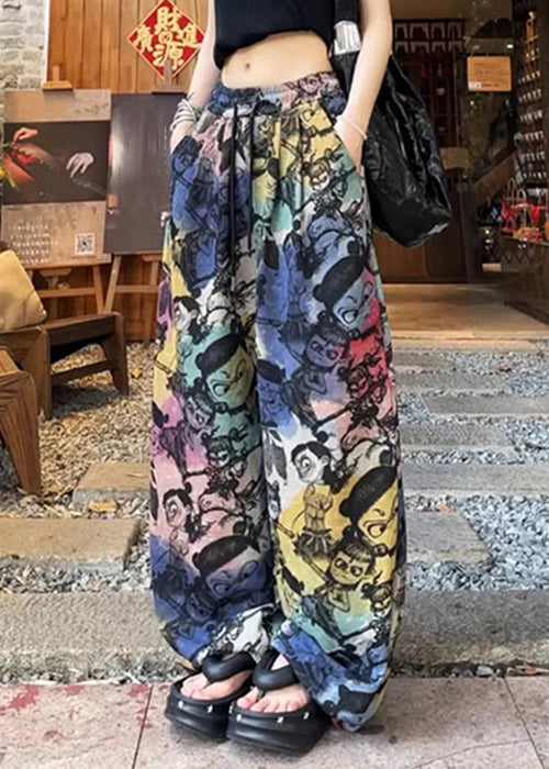 Pantalon ample imprimé été avec cordon de serrage et poches en coton