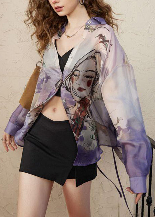 Lockere lila Chiffonblusen mit Peter-Pan-Kragen und langen Ärmeln KK024