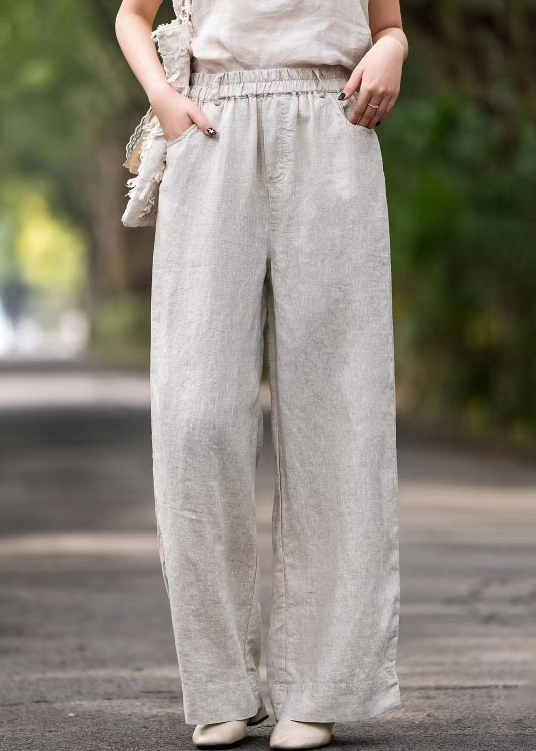 Pantalon ample à poches, uni, taille élastique, lin violet, été