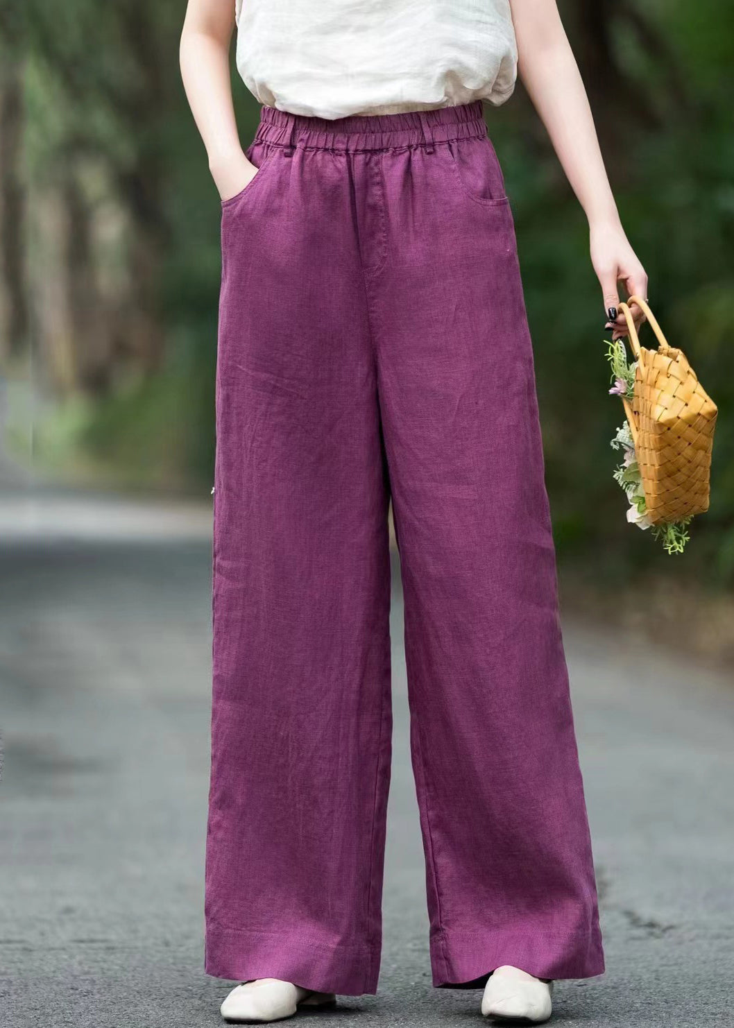 Pantalon ample à poches, uni, taille élastique, lin violet, été