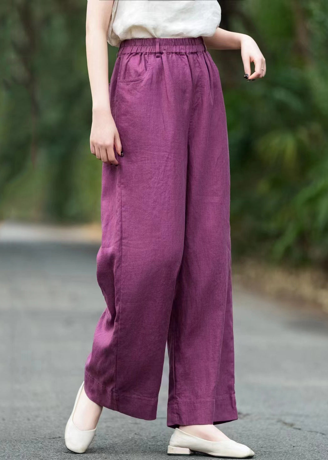 Pantalon ample à poches, uni, taille élastique, lin violet, été