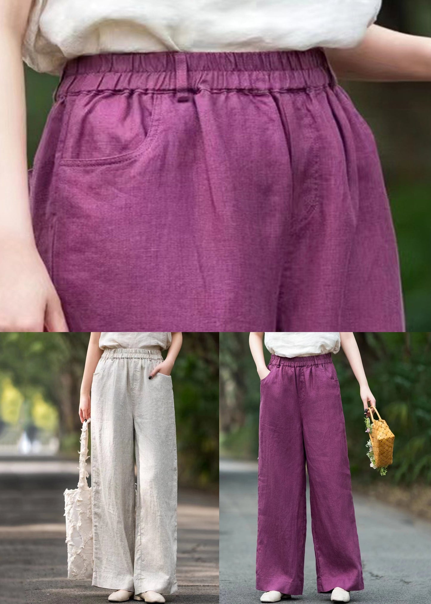 Pantalon ample à poches, uni, taille élastique, lin violet, été