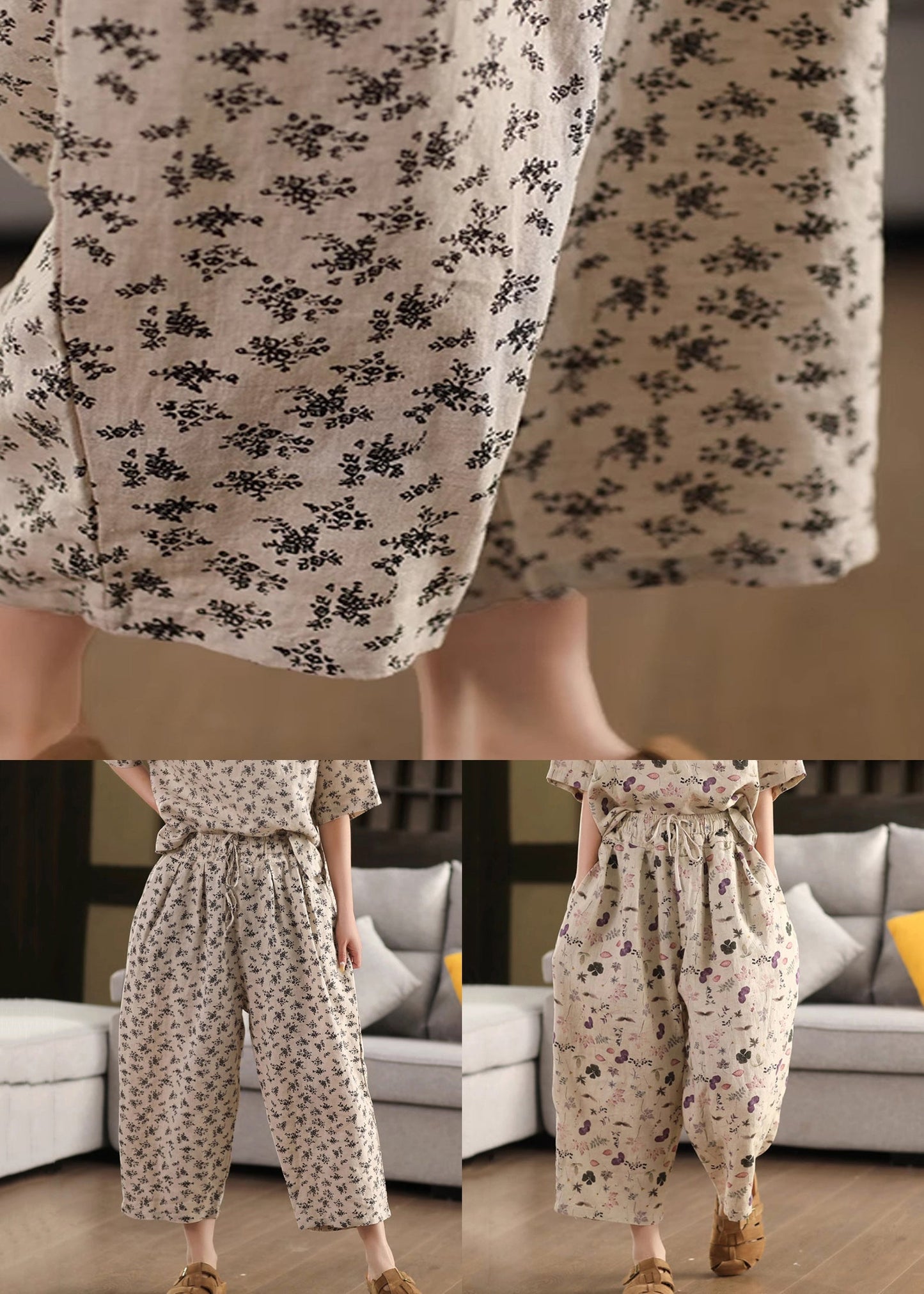 Lockere Leinenhose mit Kordelzug und Sommerprint in Lila