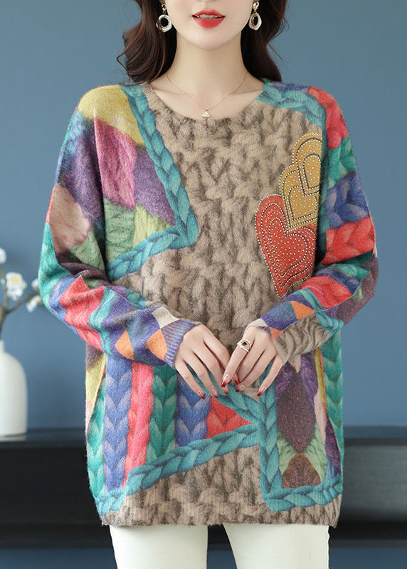Haut ample en tricot de laine à imprimé arc-en-ciel et col rond, style patchwork, printemps TB028