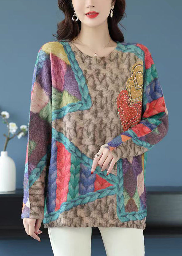 Haut ample en tricot de laine à imprimé arc-en-ciel et col rond, style patchwork, printemps TB028