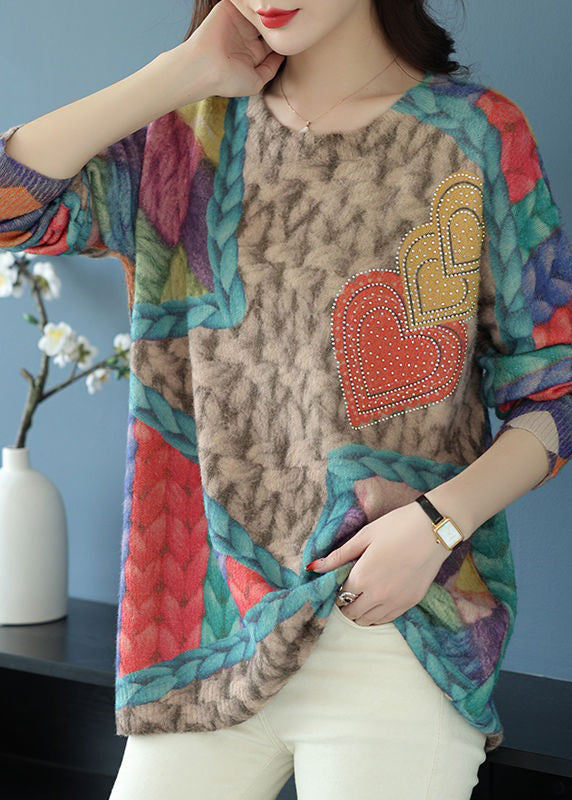 Haut ample en tricot de laine à imprimé arc-en-ciel et col rond, style patchwork, printemps TB028