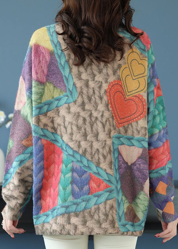 Haut ample en tricot de laine à imprimé arc-en-ciel et col rond, style patchwork, printemps TB028