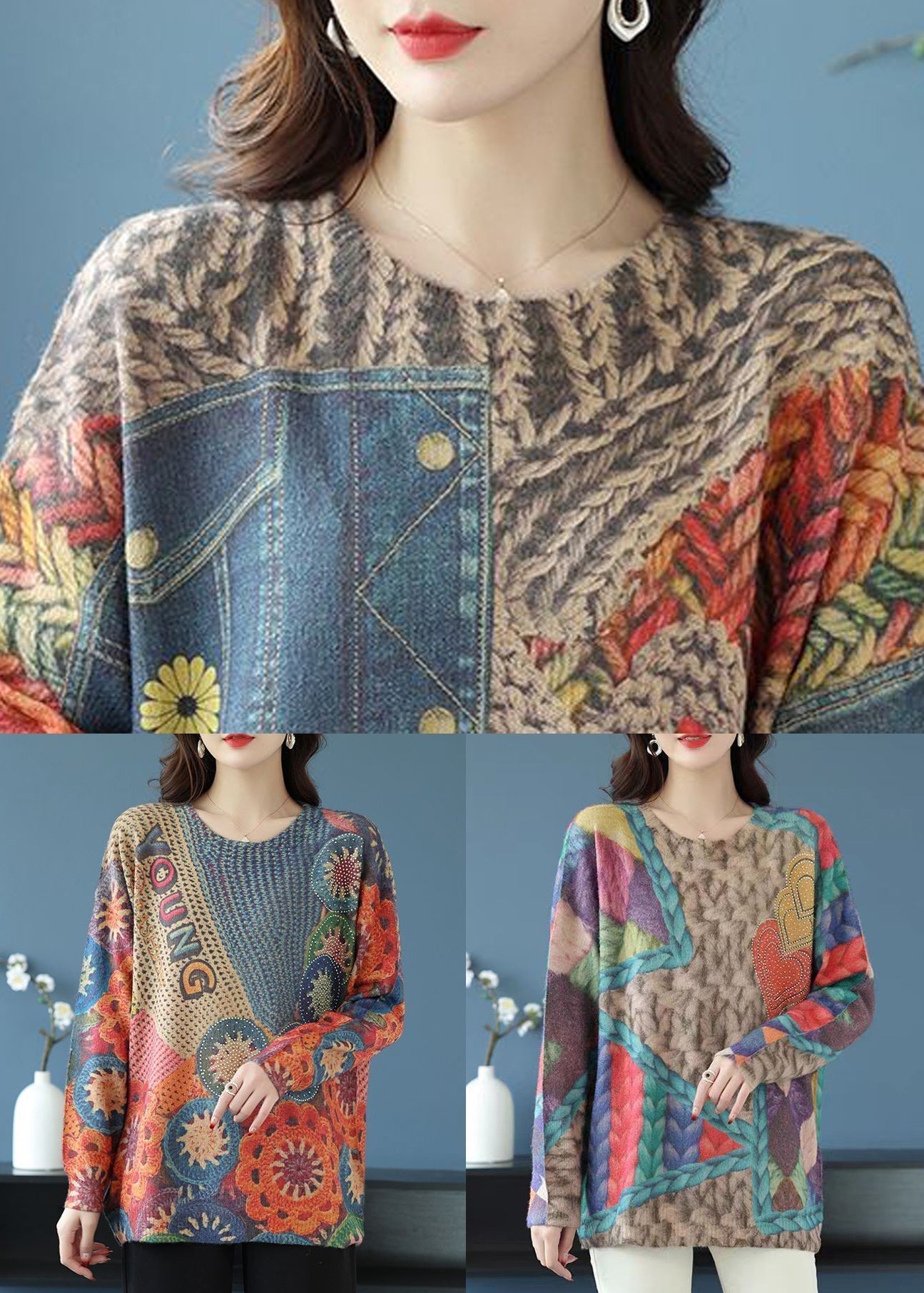 Haut ample en tricot de laine à imprimé arc-en-ciel et col rond, style patchwork, printemps TB028