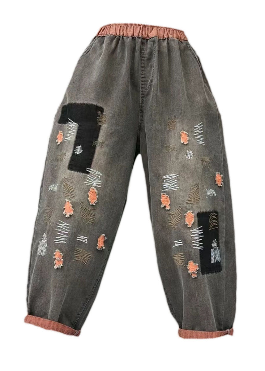 Lockere rote hoch taillierte, bestickte, zerrissene Jeans für den Sommer AP097