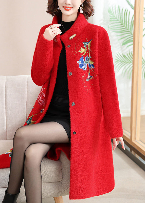 Manteau long en laine rouge ample à col montant, printemps TA030
