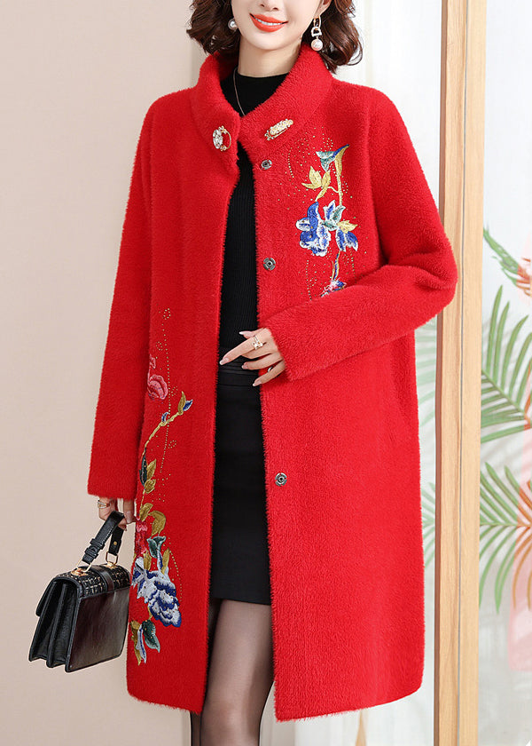 Manteau long en laine rouge ample à col montant, printemps TA030
