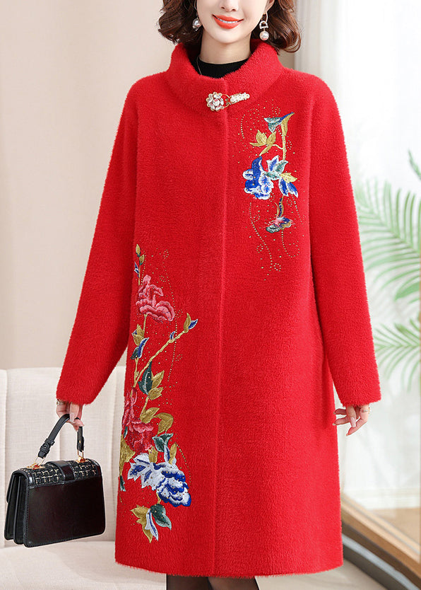 Manteau long en laine rouge ample à col montant, printemps TA030