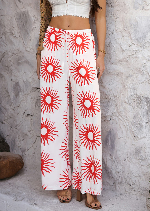 Pantalon d'été taille haute large et ample, motif tournesol rouge