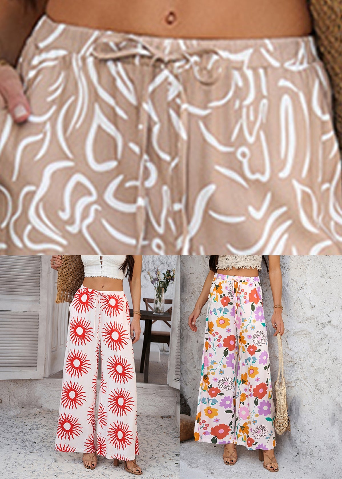Pantalon d'été taille haute large et ample, motif tournesol rouge