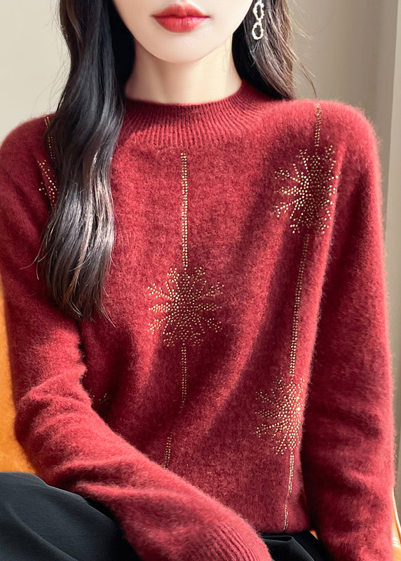Lose Rot Rollkragen Zirkon Patchwork Dicker Baumwolle Strickpullover Winter TE041