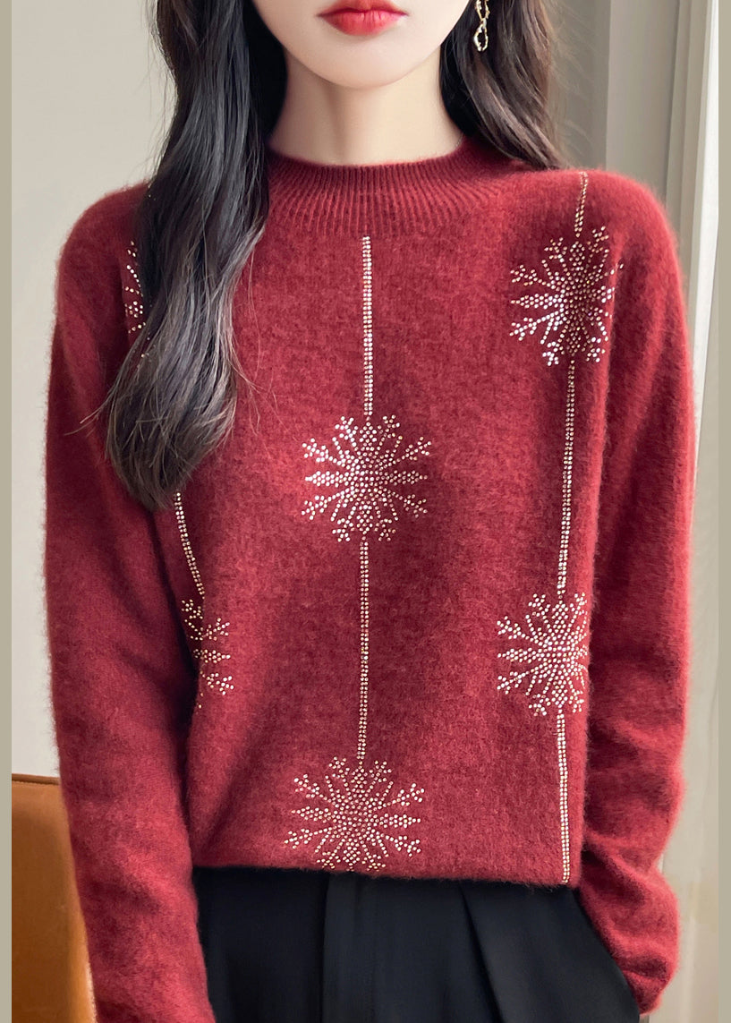 Lose Rot Rollkragen Zirkon Patchwork Dicker Baumwolle Strickpullover Winter TE041