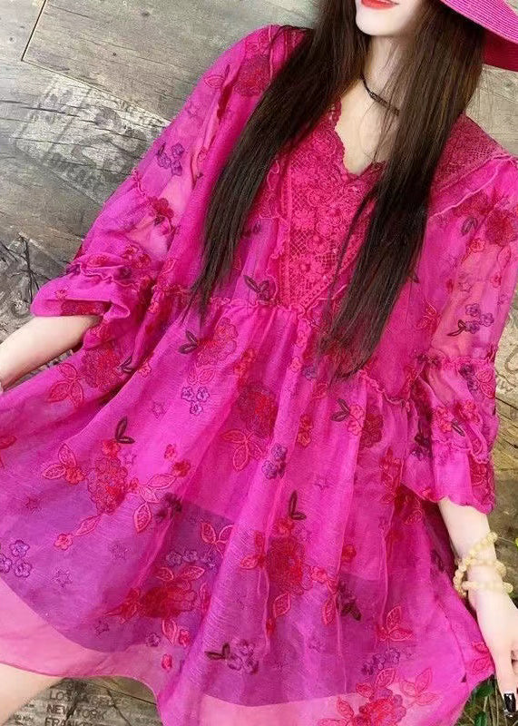 Loose Rose V Neck Embroidered Patchwork Chiffon Shirt Summer XX026