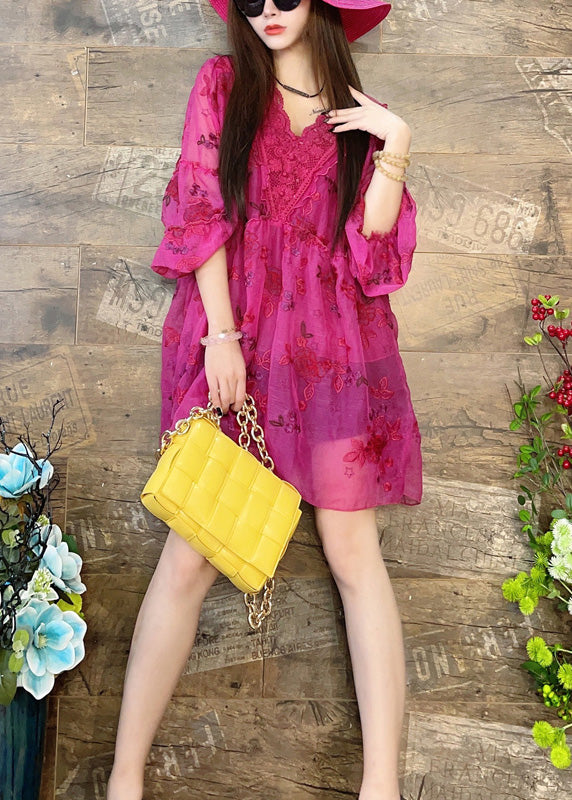 Loose Rose V Neck Embroidered Patchwork Chiffon Shirt Summer XX026