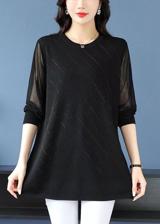 T-shirt ample à rayures et col rond en tulle et zircon, patchwork, printemps TB025