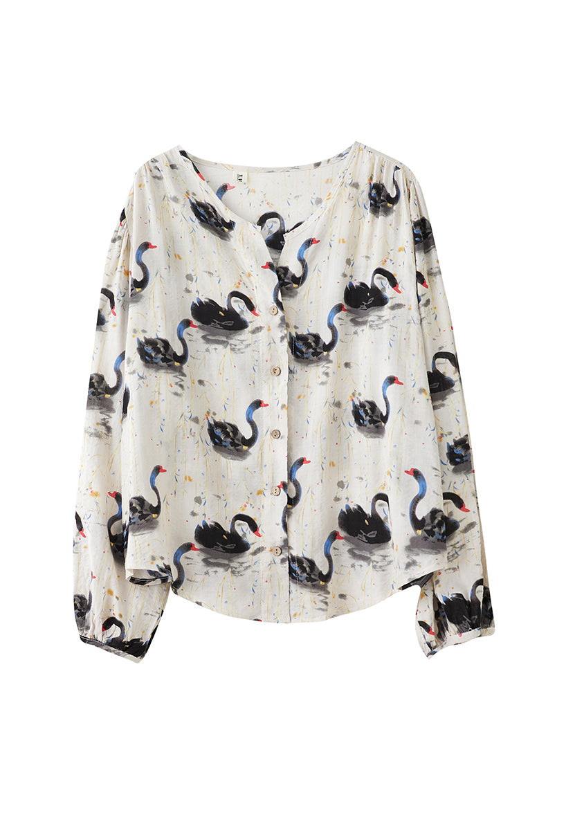 Lockeres Baumwollhemd mit V-Ausschnitt und Laternenärmeln QA048