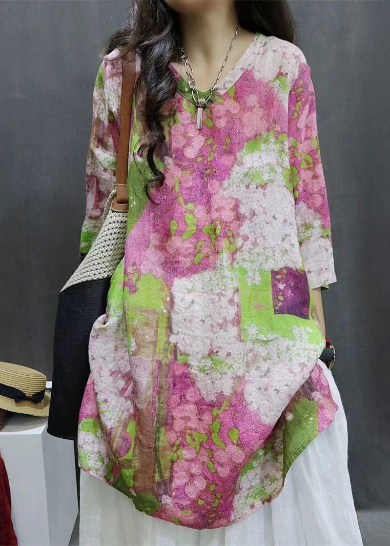 Loose V Neck Print Side Open Linen Shirt Half Sleeve GG058