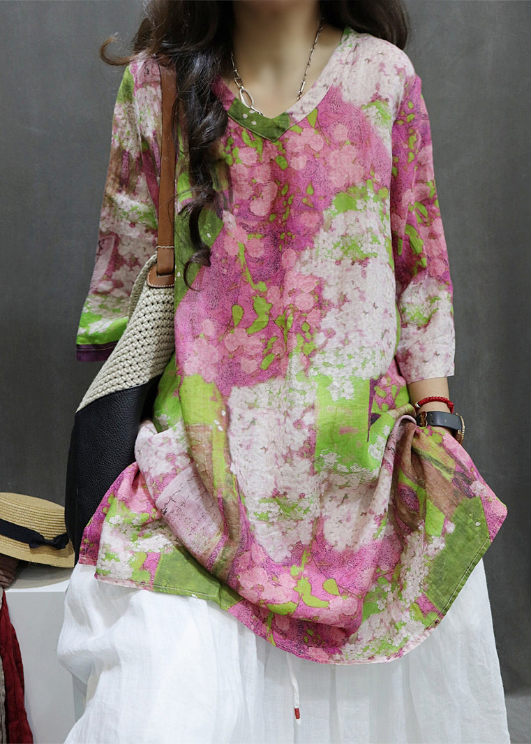 Loose V Neck Print Side Open Linen Shirt Half Sleeve GG058