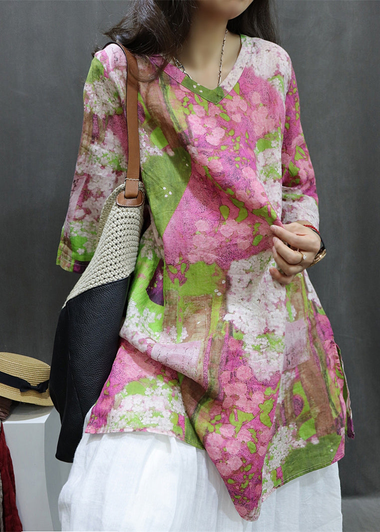 Loose V Neck Print Side Open Linen Shirt Half Sleeve GG058