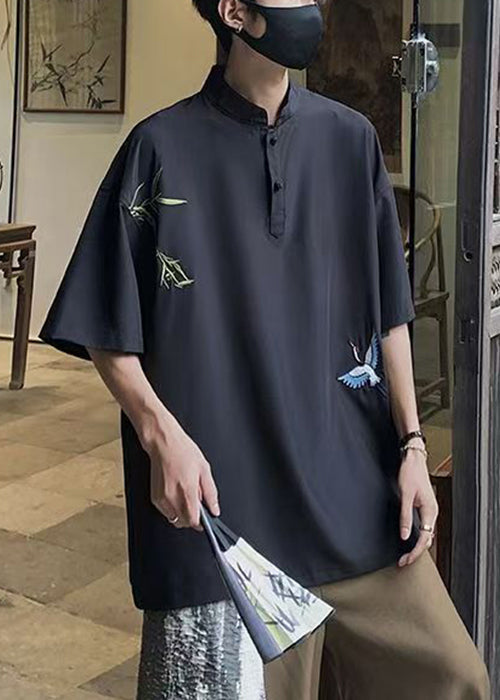 Collar Cotton Loose Stand White Half Button T Embroideried Shirts
