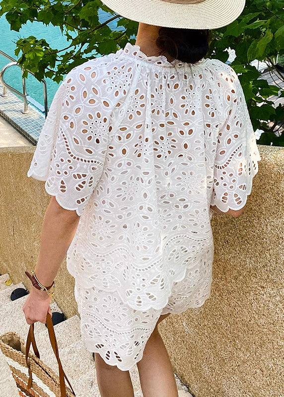 Ensemble deux pièces creuses en dentelle blanche pour l'été, en coton ample