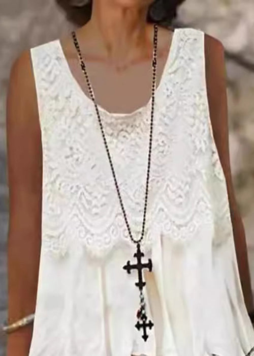 Lockeres weißes O-Ausschnitt Spitzen Patchwork Midikleid ärmellos FF056