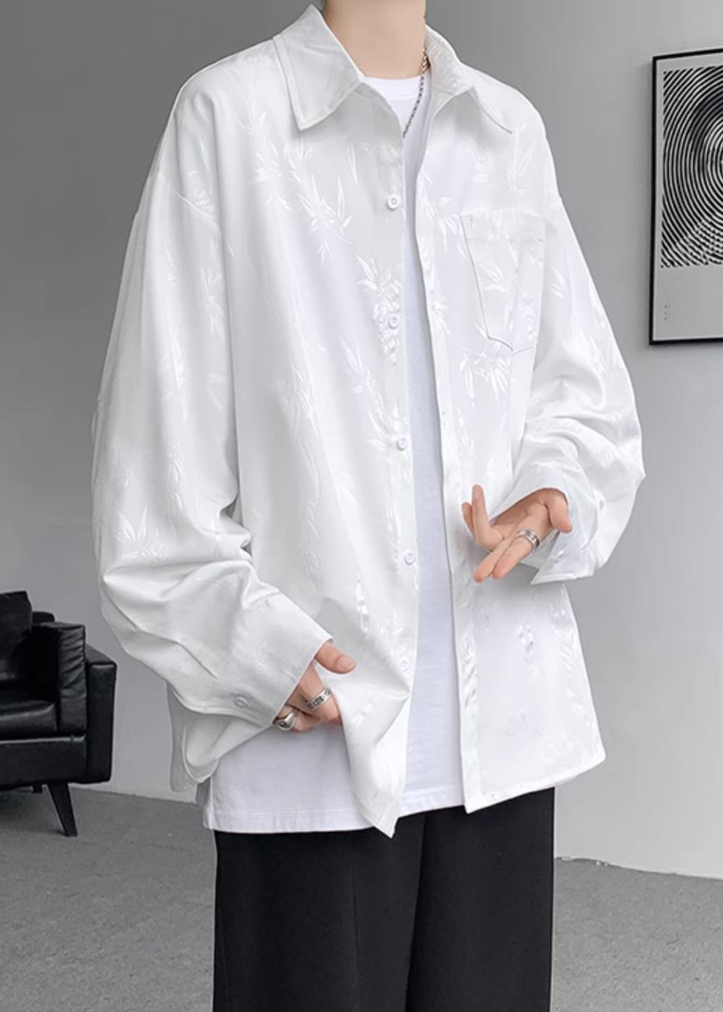 Lockeres weißes Peter-Pan-Kragen-Knopfdruck-Baumwoll-Herrenhemd Herbst WJ031