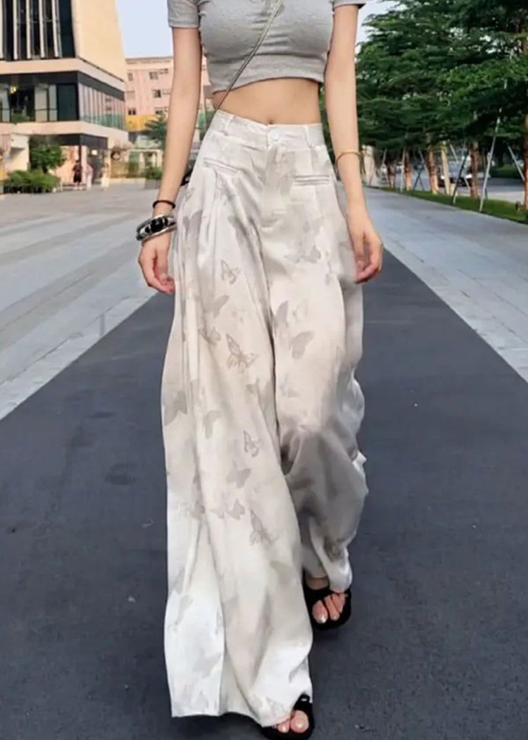 Pantalon large et haut d'été en soie imprimé blanc, coupe ample, taille haute, glace
