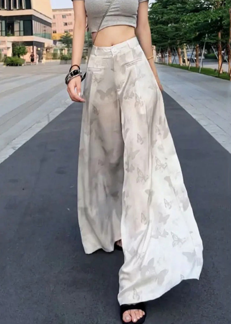 Pantalon large et haut d'été en soie imprimé blanc, coupe ample, taille haute, glace