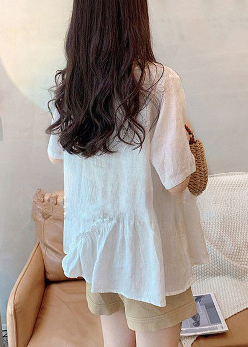Loose White V Neck Ruffled Cotton T Shirts Summer OP1013