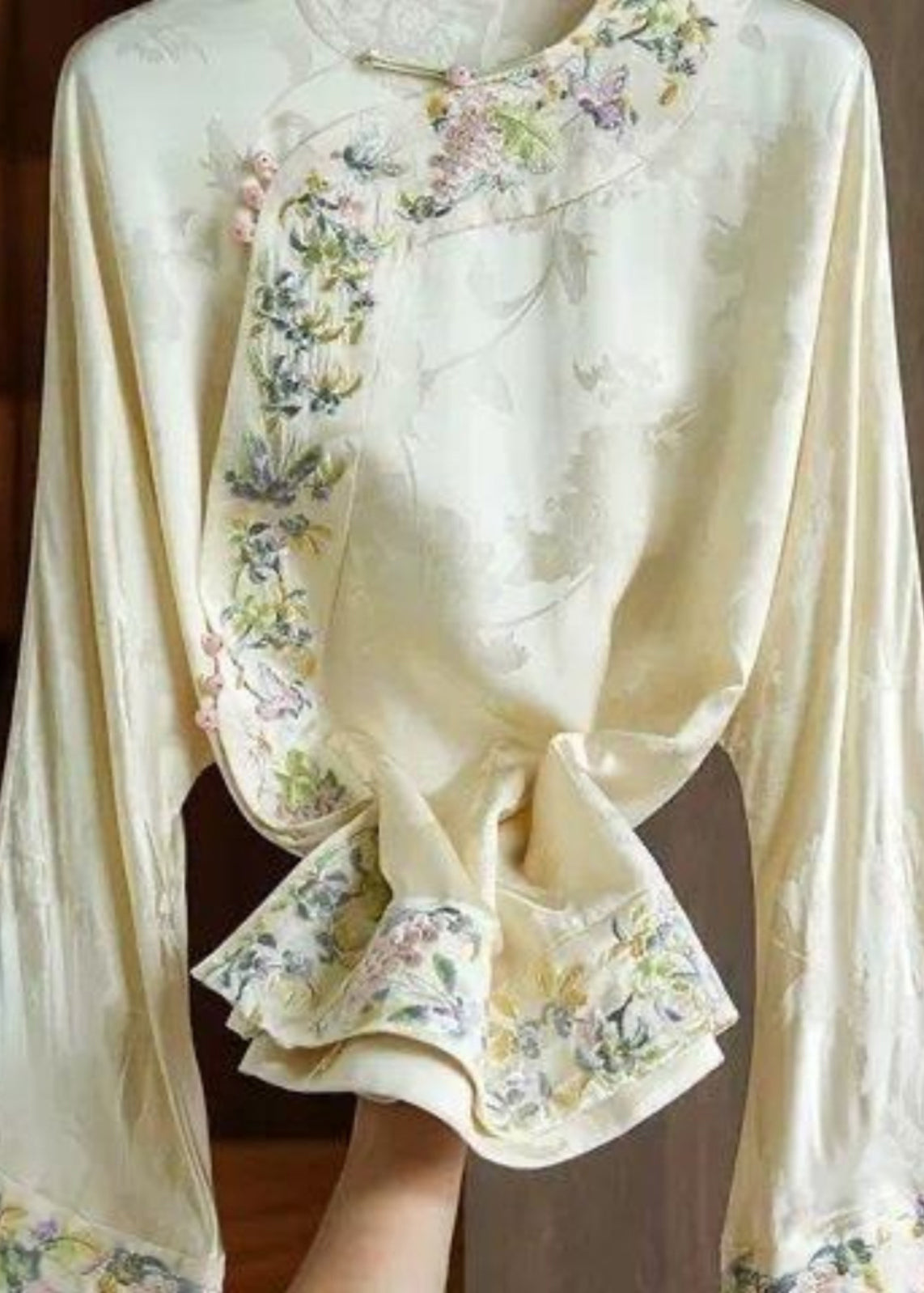 Loose Yellow Embroidered Oriental Button Silk Blouses Spring YF014
