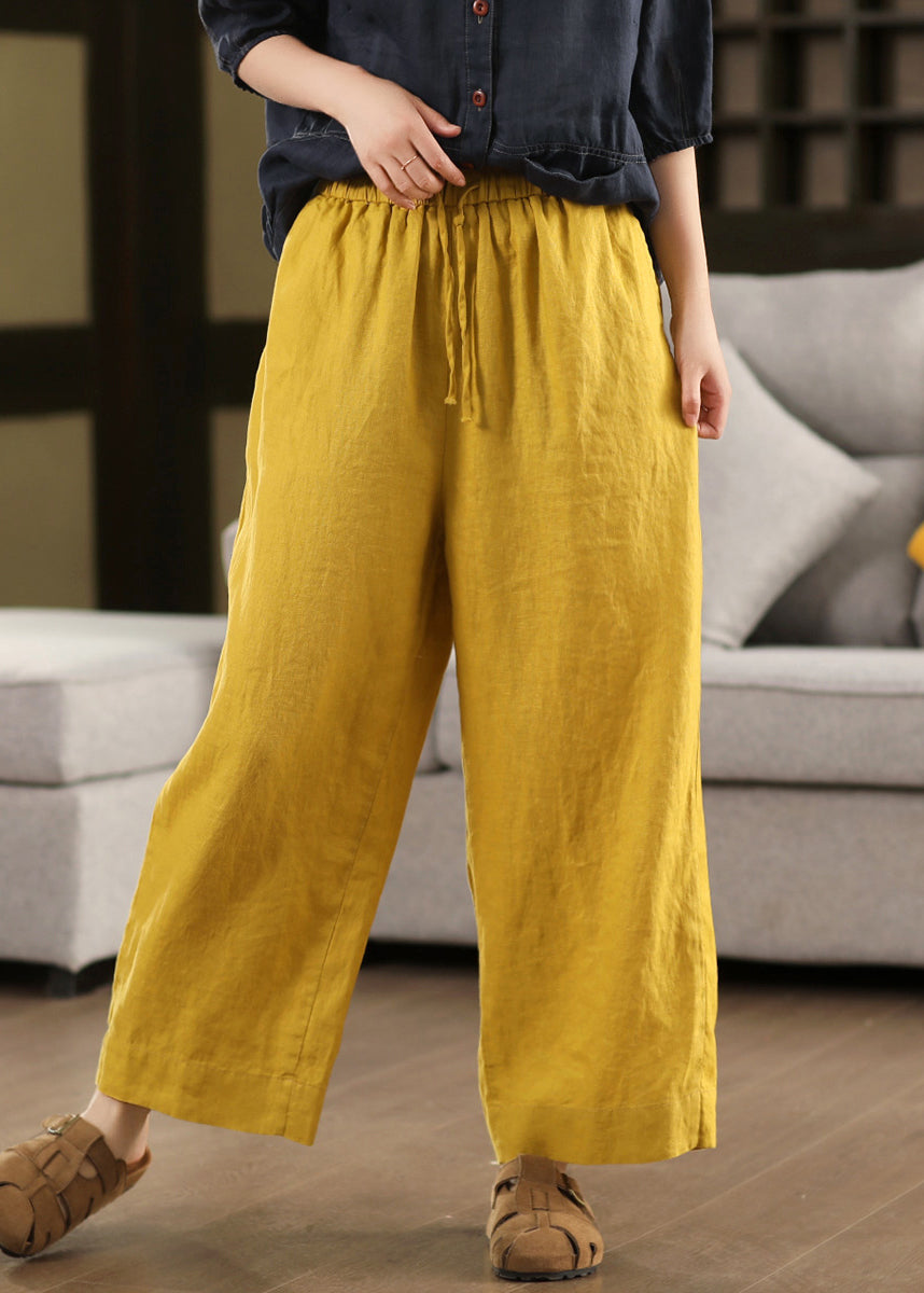 Lose Taille Elastische Hose Sommer Crop Up Leinen Gelb Spitze
