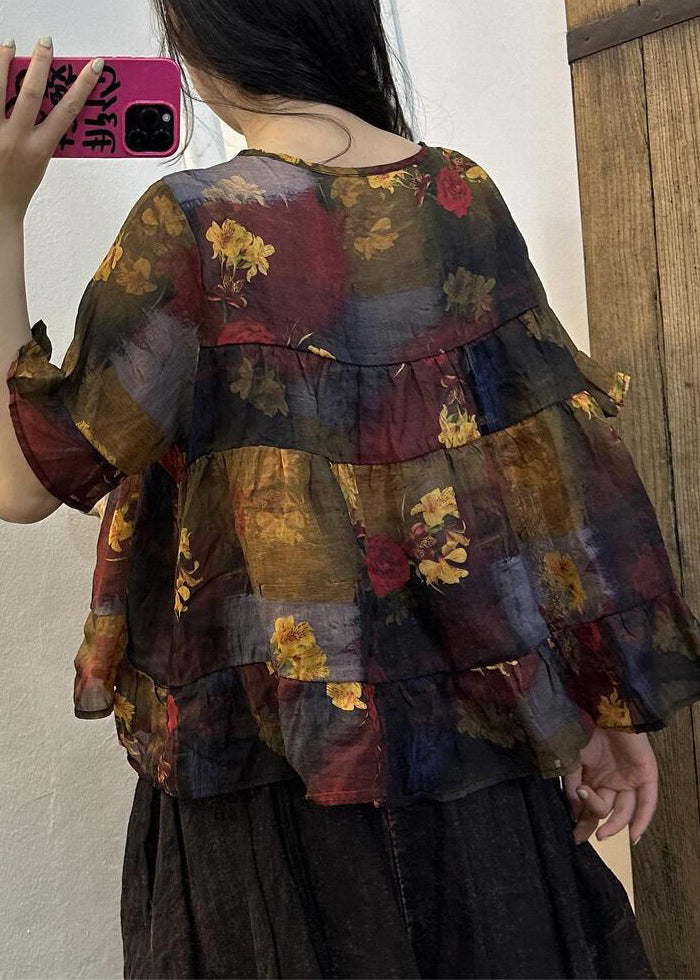 Lose gelbe O-Ausschnitt Print Patchwork Leinen Bluse Sommer VV091