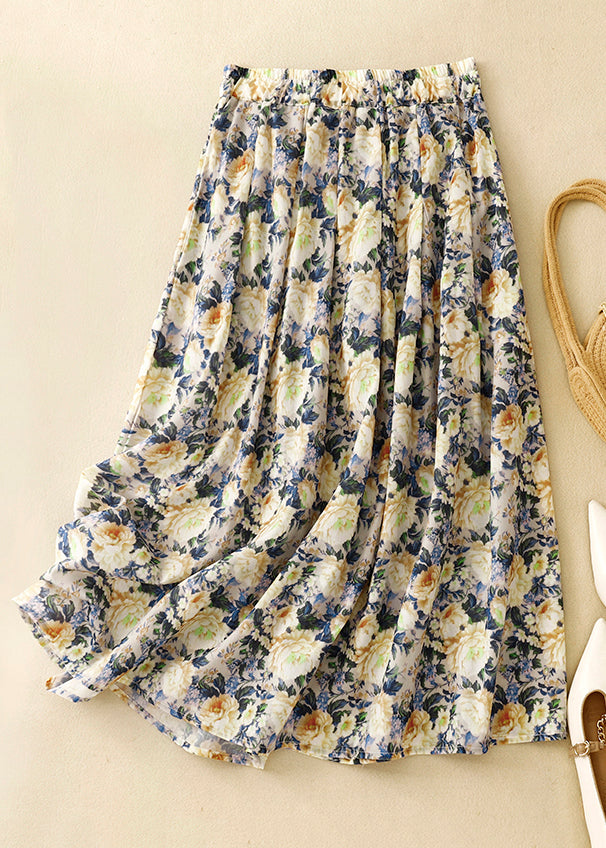 Loose Yellow Print Elastic Waist Cotton Skirt Summer GG012